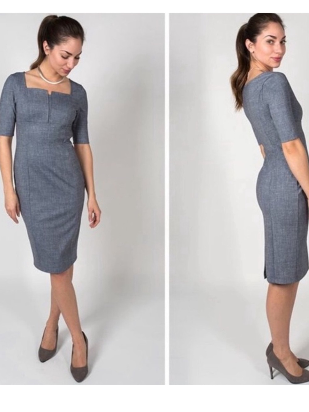 Betabrand Executive Pencil Sheath Dress Blue/Gray Chambray‎ Ponte Knit Sz M NEW
